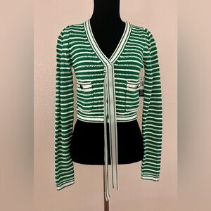 Self-Portrait Green and White Striped cotton blend Tie-Front Cardigan